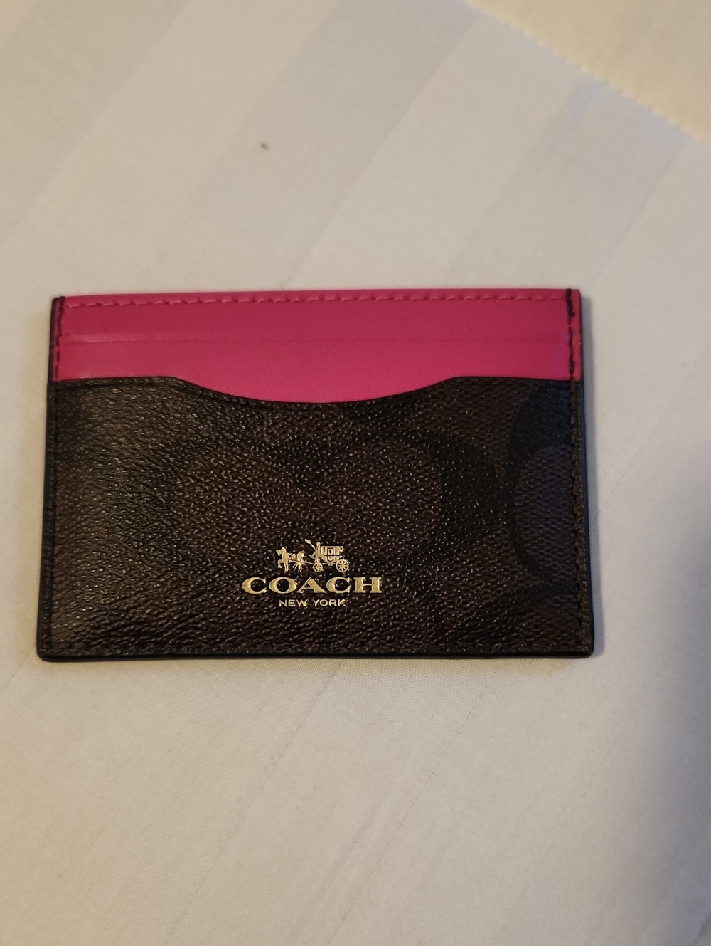 Coach Brown Signature Canvas Card Case with Pink Top